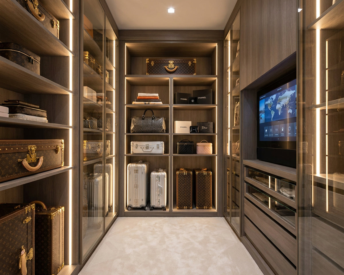 THE LUXE JOURNAL editorial cover for a luxury luggage closet and dedicated packing room