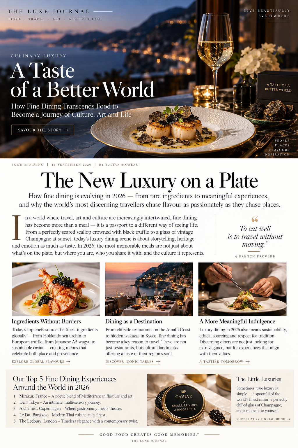 Luxury fine dining editorial cover featuring truffle-topped scallops, Champagne and an elegant coastal evening setting