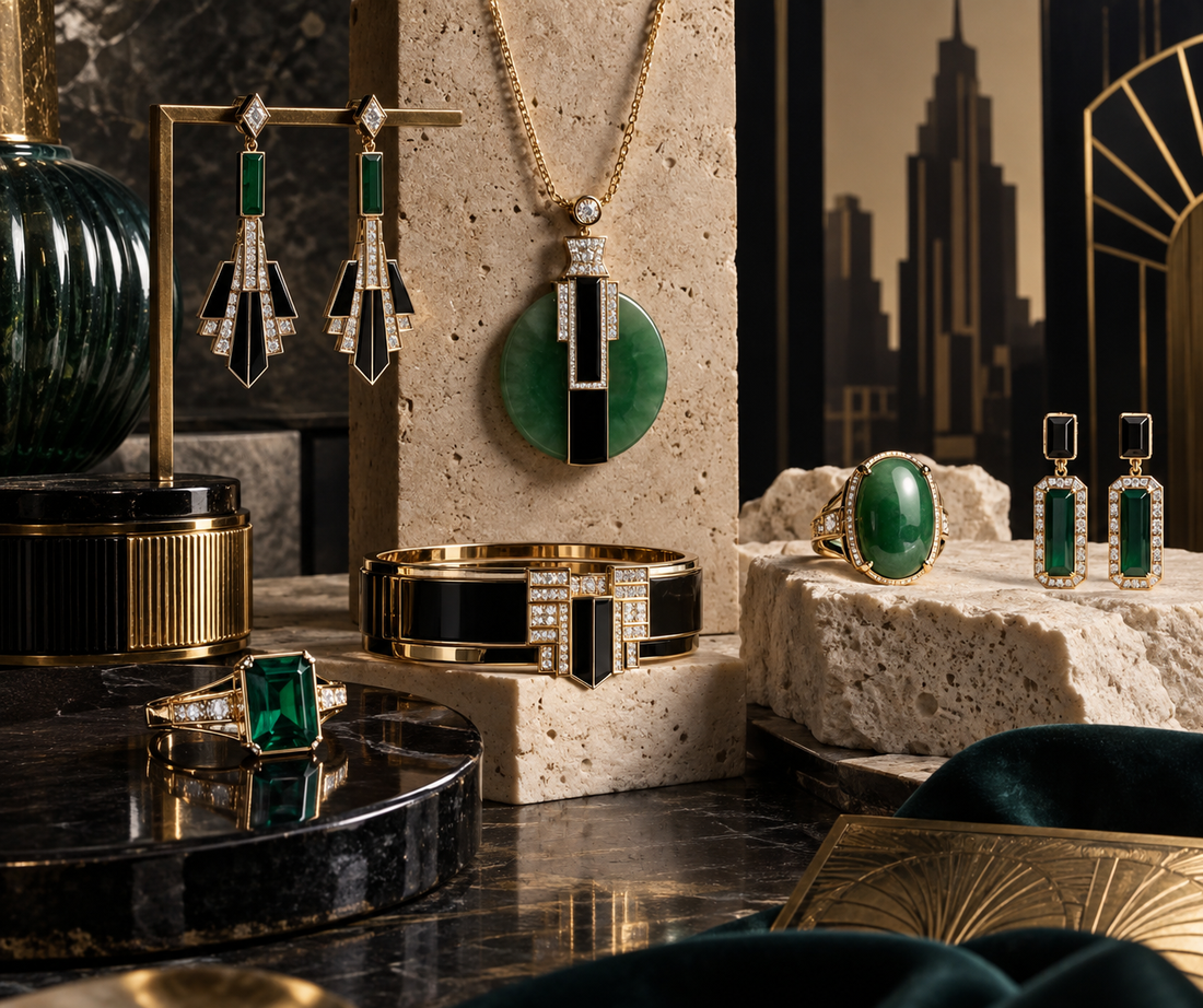 Art Deco inspired jade, onyx and gold jewelry still life