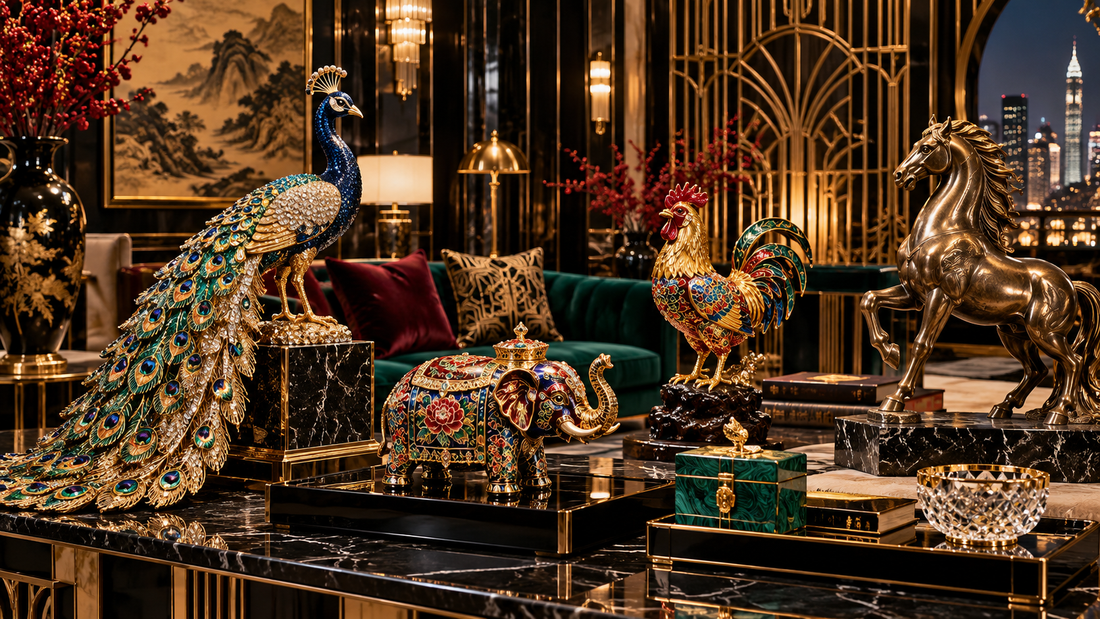 Art Deco interior with jeweled peacock enamel animal decor brass and black lacquer
