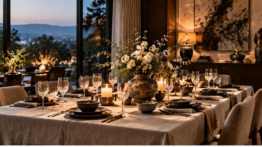 Elegant candlelit dinner party table with ceramics, flowers and warm ambient lighting
