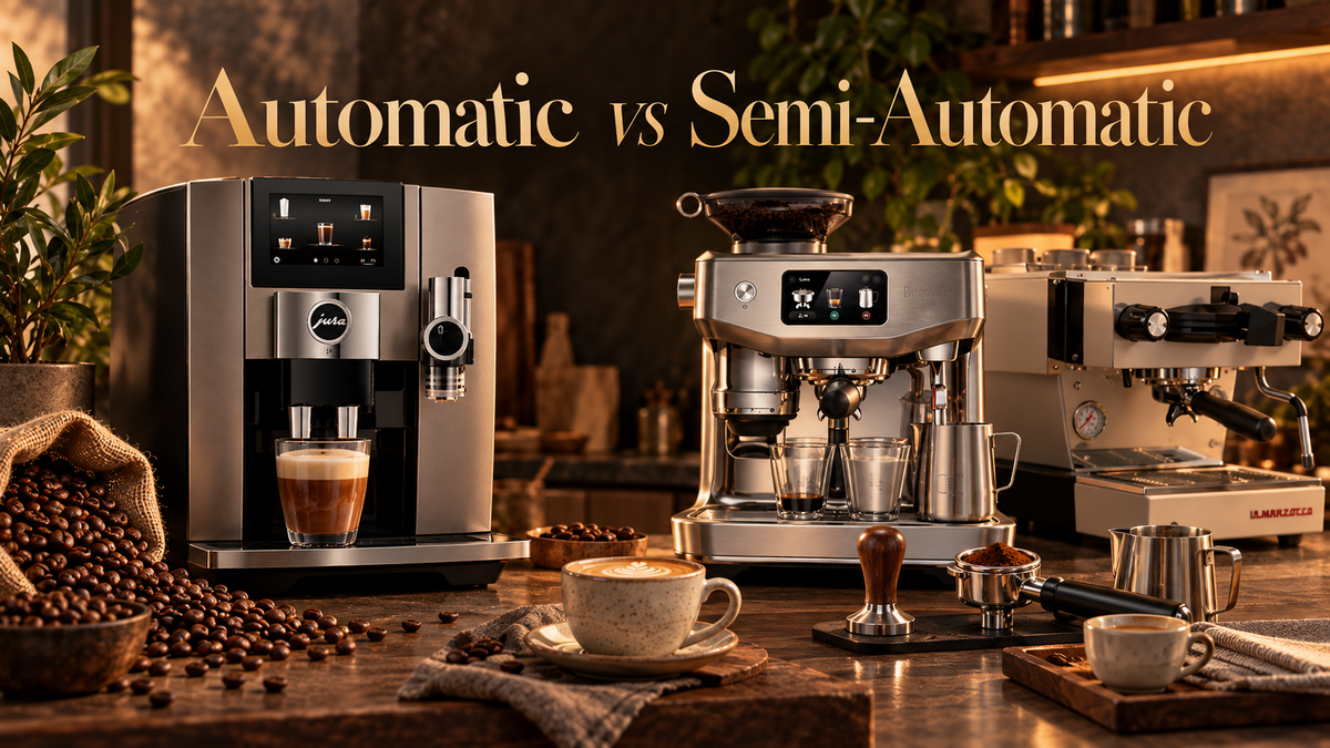 Automatic and semi-automatic coffee machines compared in a luxury home coffee setting