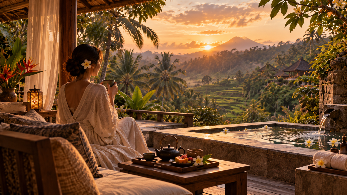 Bali wellness retreat at sunset with tropical landscape and private pool