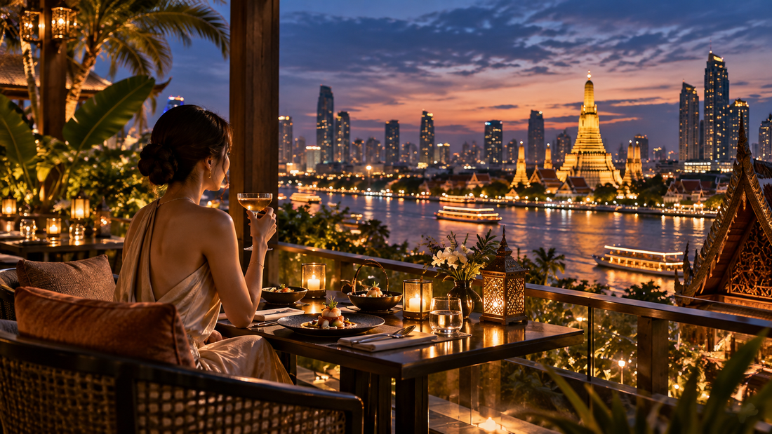 Bangkok Chao Phraya river at sunset with temple skyline and riverside dining