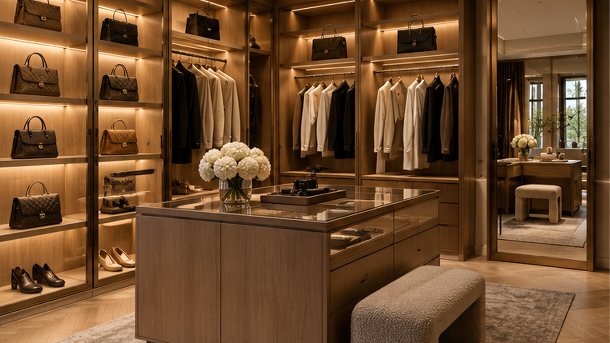 Luxury bathroom vanity design with warm neutral materials and integrated storage