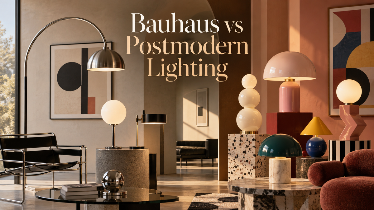 Bauhaus and Postmodern lighting compared through curved arms, globes and geometric lamps
