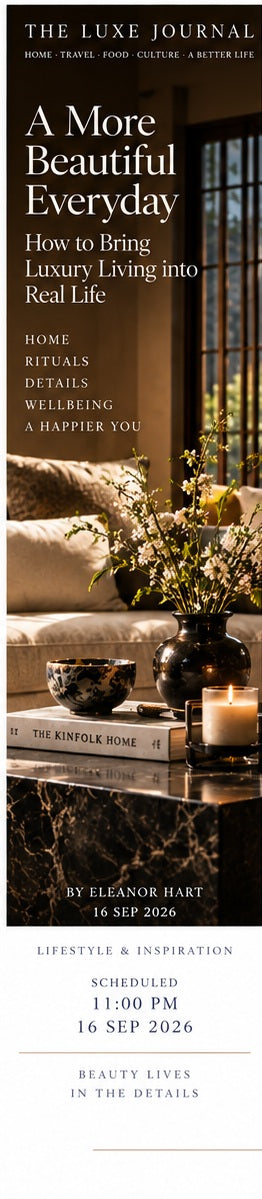 Luxury lifestyle magazine cover featuring an elegant living room, flowers, candle and tea for refined everyday living