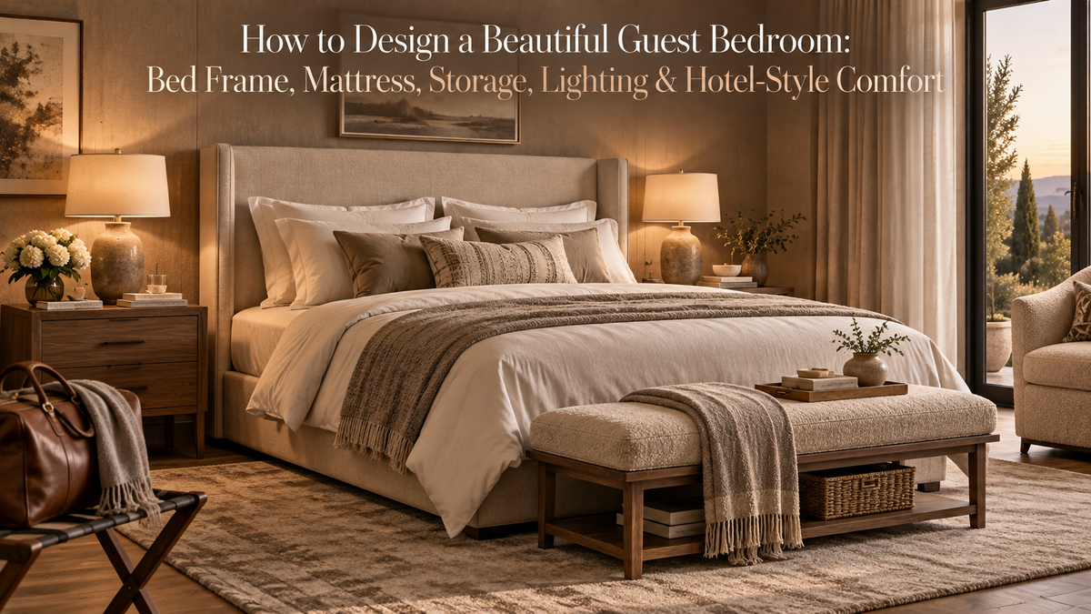 Beautiful guest bedroom with hotel-style comfort, storage, lighting and upholstered bed