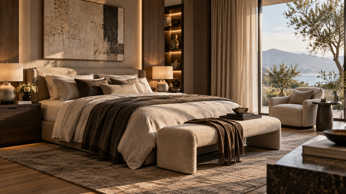 Luxury bedroom design with layered bedding, warm wood and natural light