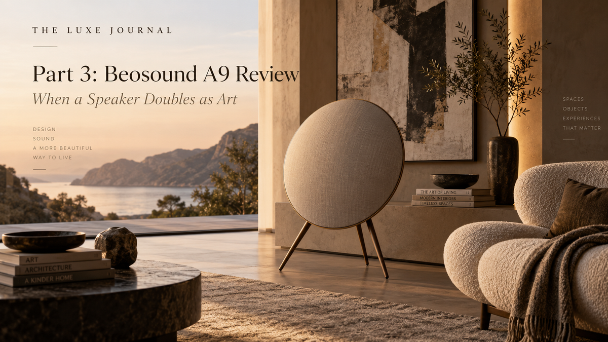 Editorial illustration inspired by Bang and Olufsen Beosound A9 in a luxury living room