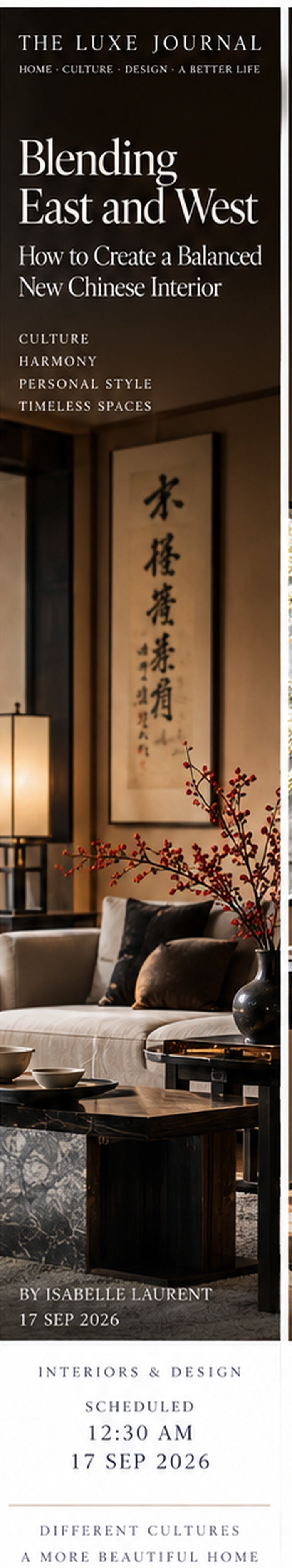 Luxury magazine cover showing a balanced East-meets-West New Chinese living room with calligraphy, stone and warm layered lighting