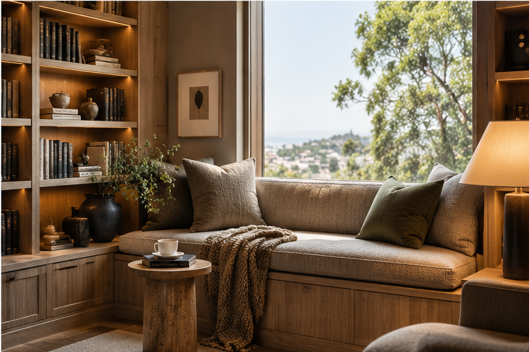 Built-in bookshelves and reading nook in a warm luxury interior