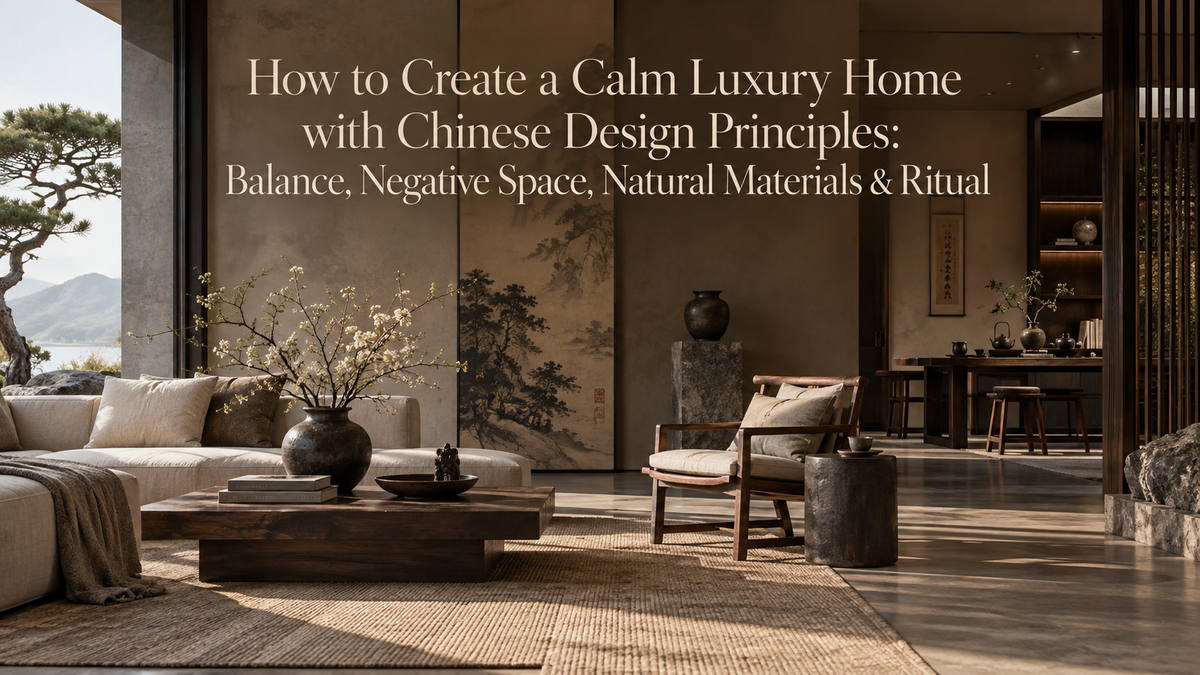 Calm luxury home with Chinese design principles, natural materials, negative space and tea ritual