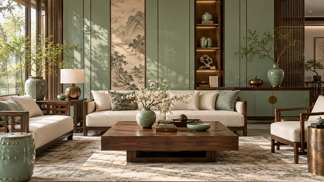 Celadon green New Chinese living room with dark wood, ceramics and soft daylight