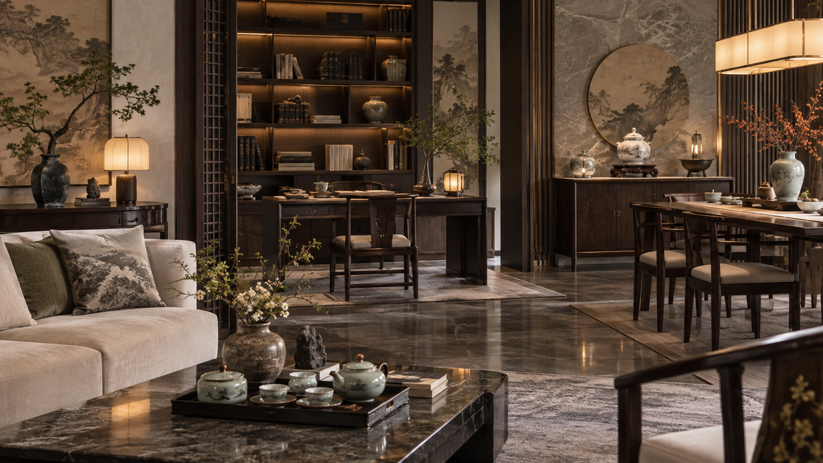 Ceramic teaware styled as interior decor across a modern New Chinese living space