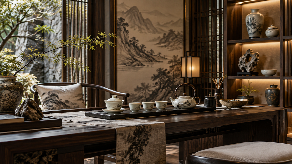 New Chinese tea room styled with ceramic teaware, dark wood and ink landscape art