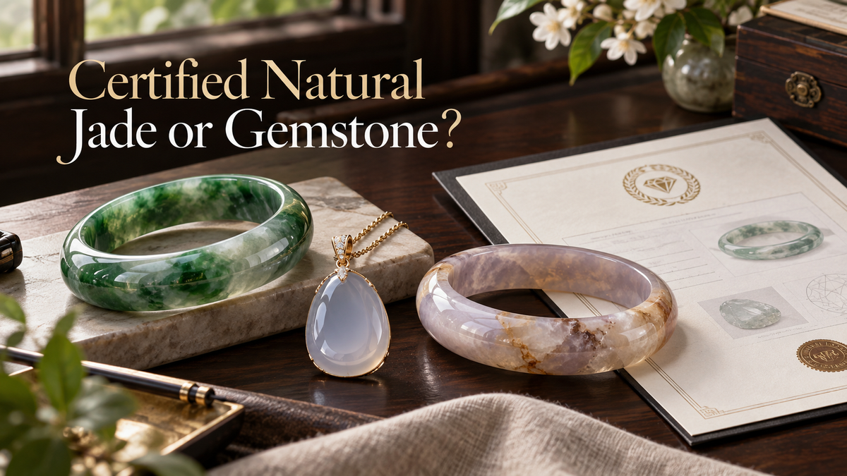 Certified natural jade and gemstone jewelry with laboratory certificate and stone bangles