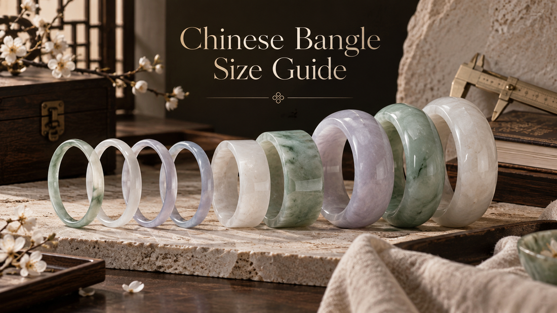 Chinese bangle size guide showing slim round wide and flat stone bangles