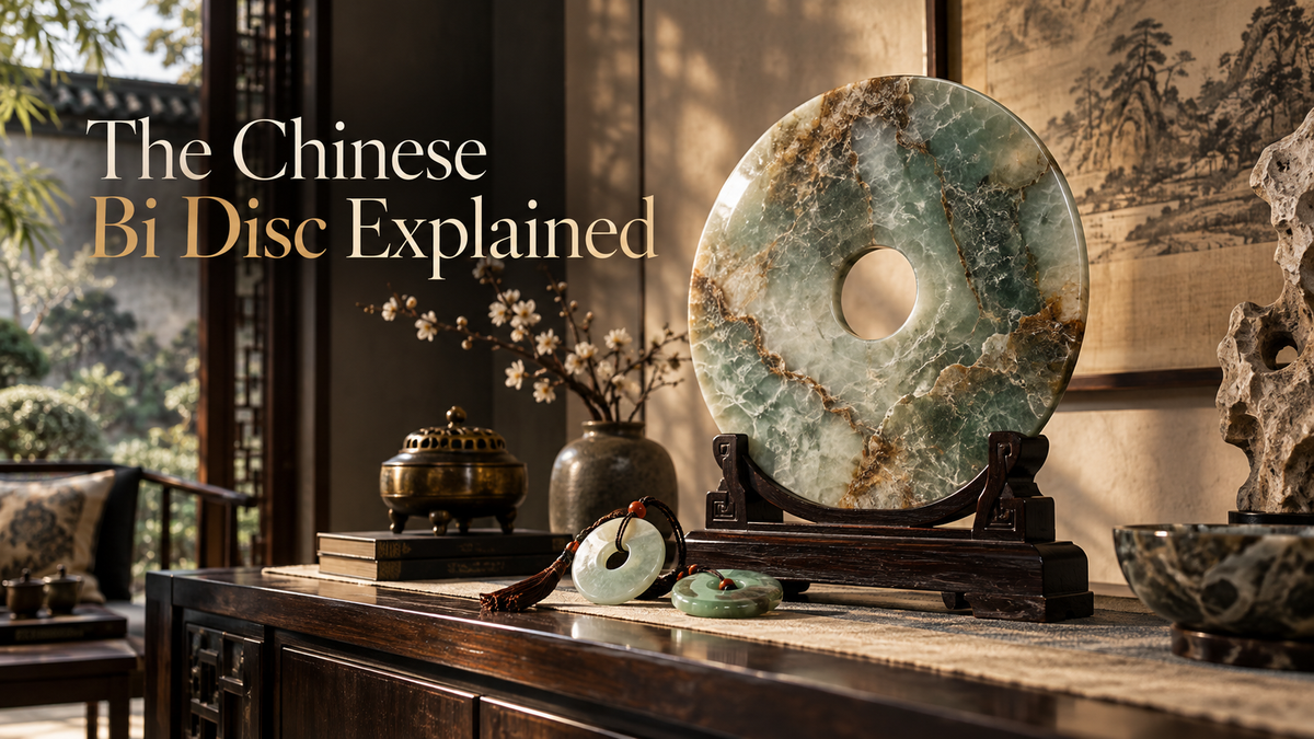 Chinese bi disc and modern peace buckle styling in a New Chinese interior