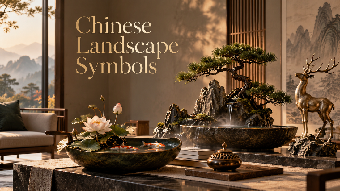 Chinese landscape symbols including pine mountain koi lotus and deer in a modern interior