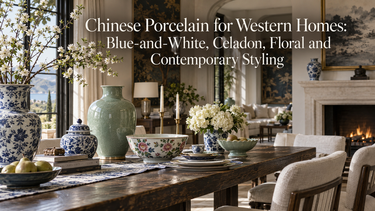 Chinese blue and white porcelain, celadon and floral ceramics styled in a Western home
