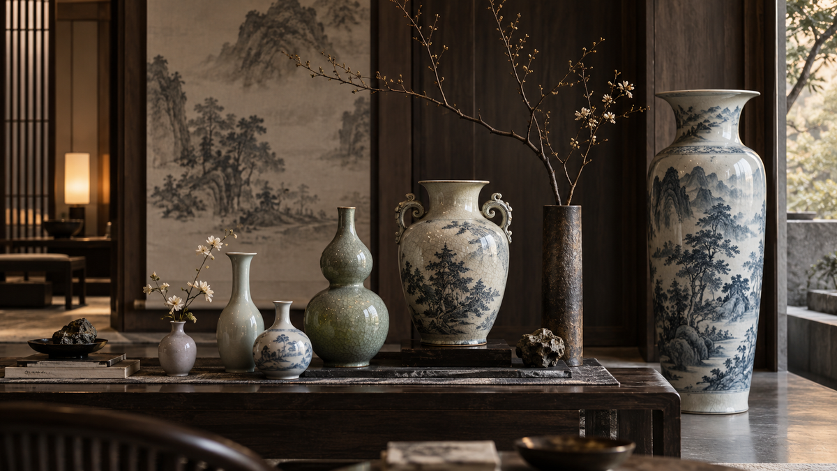 Chinese ceramic vase shapes including bud vases, gourd forms, double-ear urns, floor vases and branch vessels