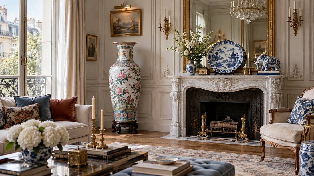 Chinese porcelain and decorative objects styled in a Parisian European classic interior
