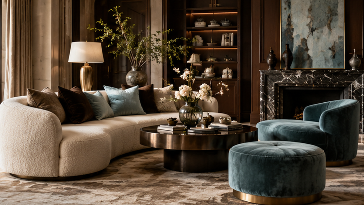 Luxury living room in chocolate brown and blue tones