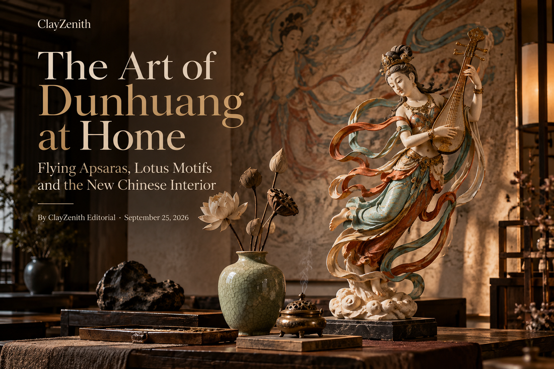 The Art of Dunhuang at Home with a Flying Apsara, lotus motifs and refined New Chinese interior styling