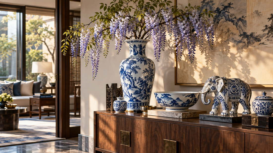 Blue and white Chinese porcelain with wisteria styled in a warm contemporary New Chinese home