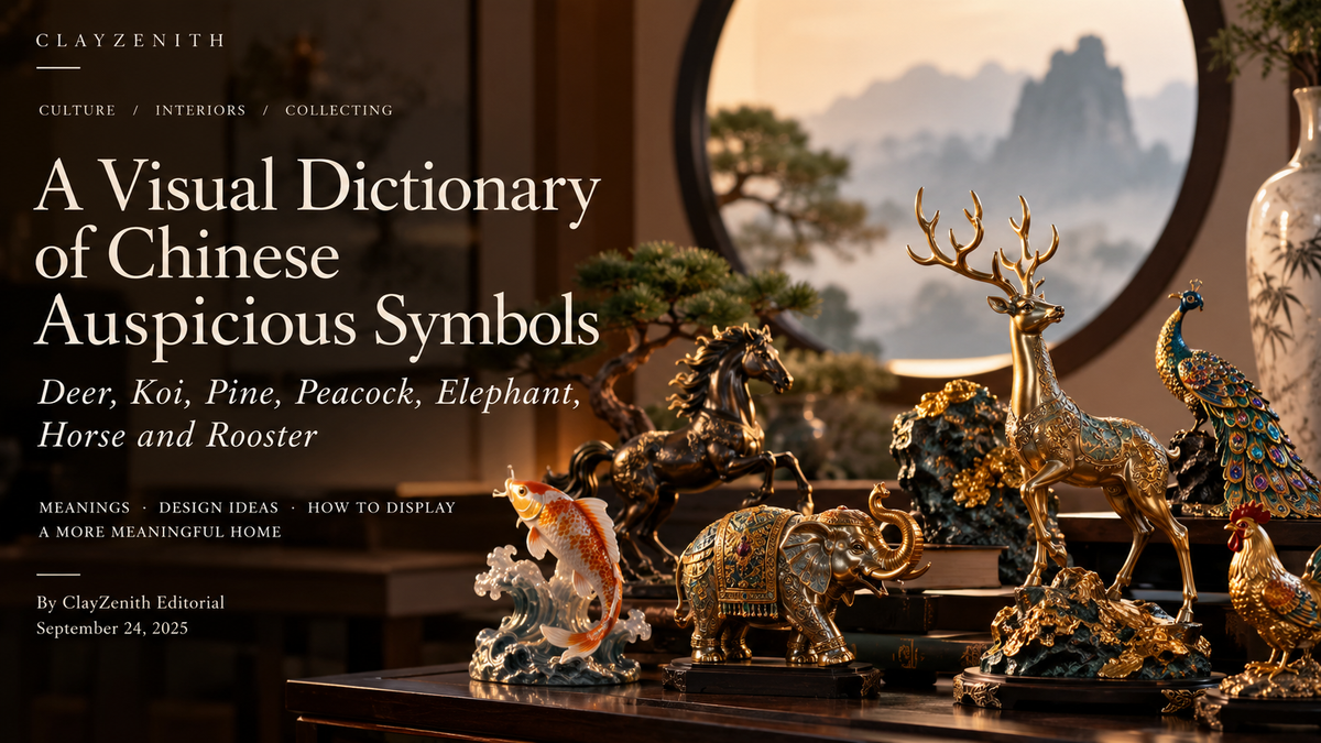 Chinese auspicious symbols including deer, koi, pine, peacock, elephant, horse and rooster in a luxury New Chinese interior