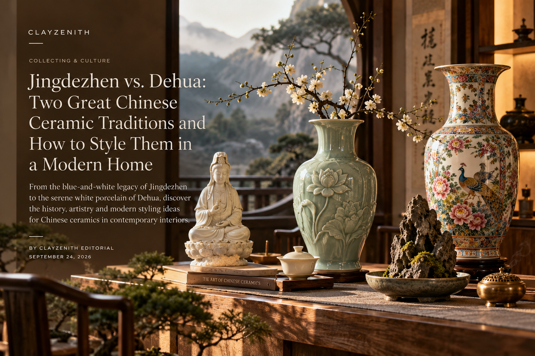 Jingdezhen and Dehua Chinese ceramic traditions styled in a refined modern New Chinese interior