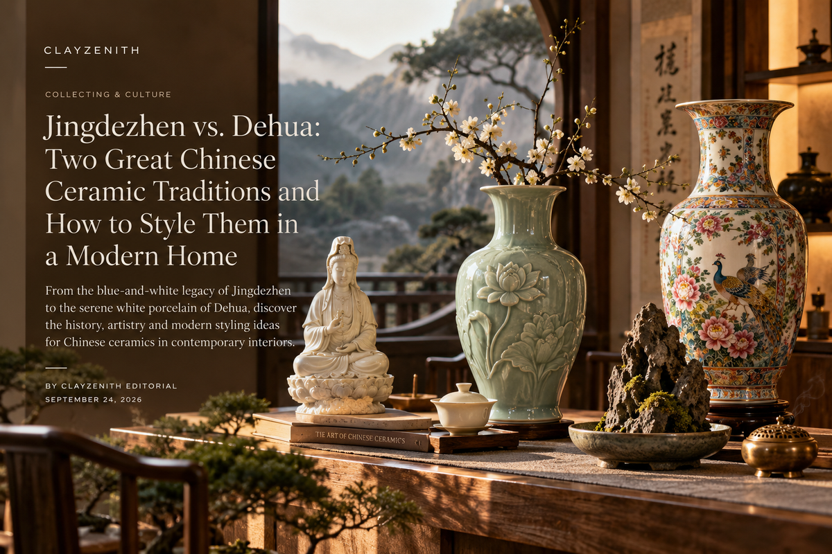 Jingdezhen and Dehua Chinese ceramic traditions styled in a refined modern New Chinese interior