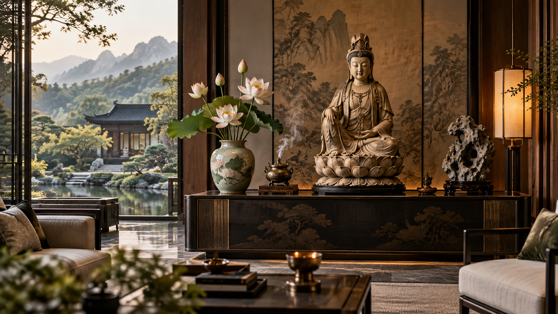 Guanyin and Buddhist art displayed respectfully in a calm New Chinese interior