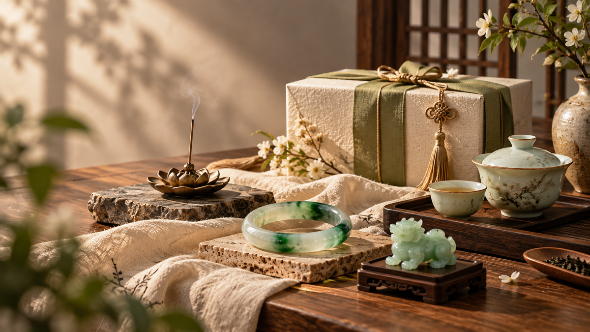 Meaningful Chinese gift arrangement with jade, tea, incense and feng shui decor