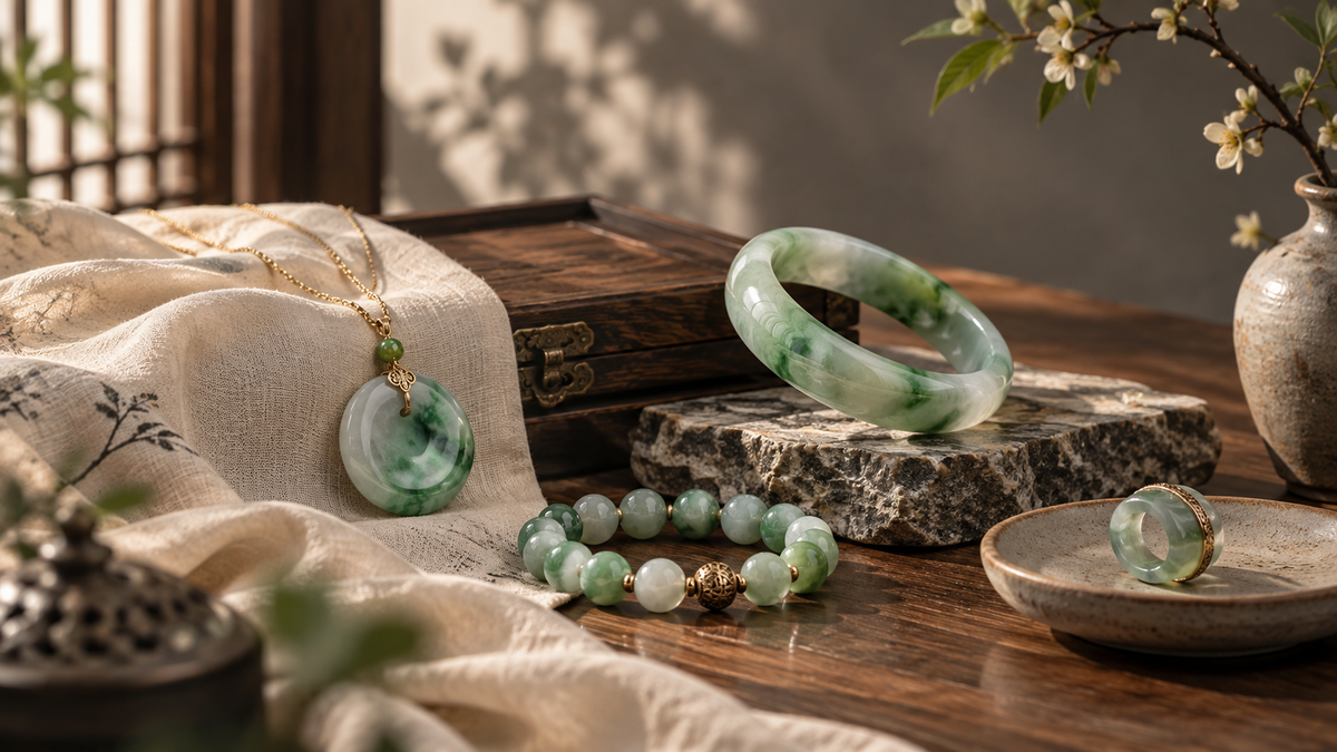 Natural jade jewelry styled with a jade pendant, bangle, bracelet and ring in a modern New Chinese setting