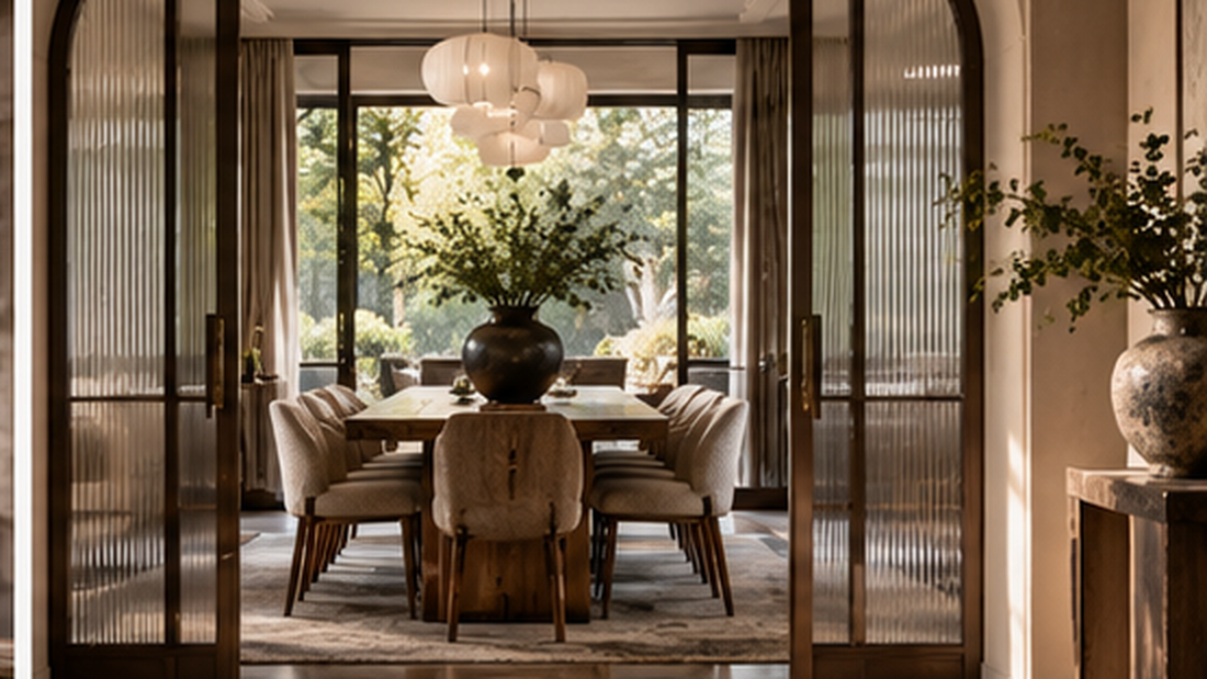 Dining room framed by arched wood and glass partition doors