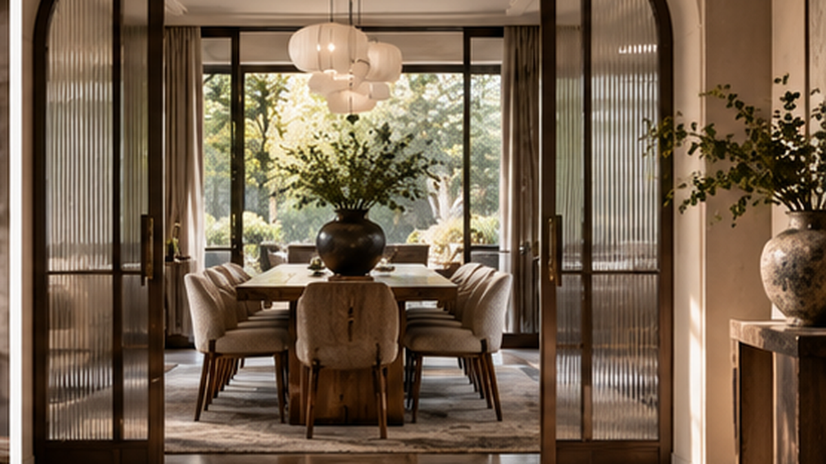 Dining room framed by arched wood and glass partition doors