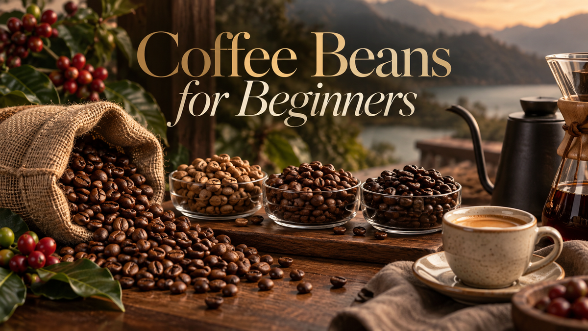 Coffee beans for beginners with light, medium and dark roasts in a luxury editorial setting