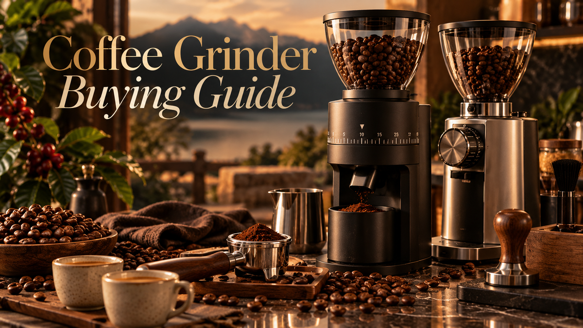 Premium coffee grinders with espresso tools and freshly ground coffee