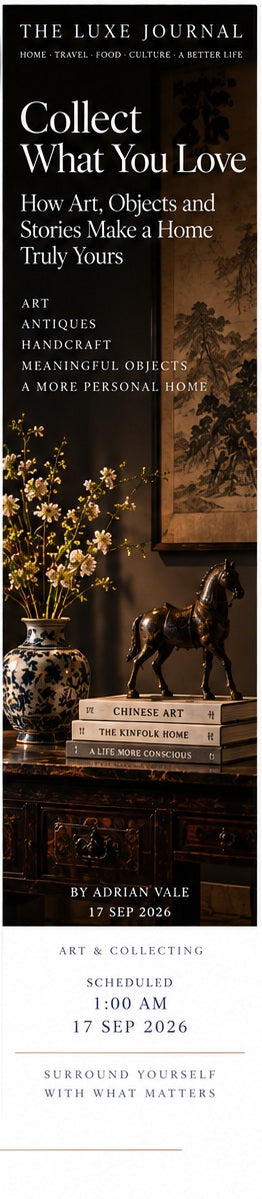 Luxury lifestyle magazine cover featuring Chinese art, ceramics, books and collected objects in an elegant home