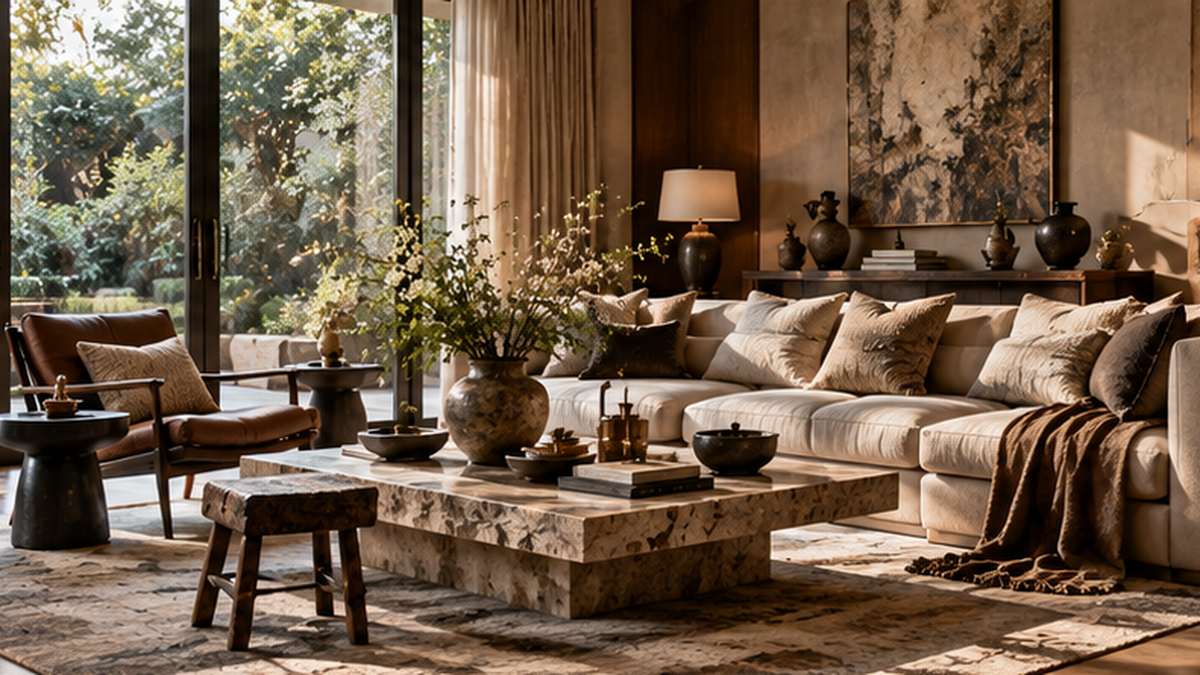Layered living room with warm wood, stone, vintage details and artisan ceramics