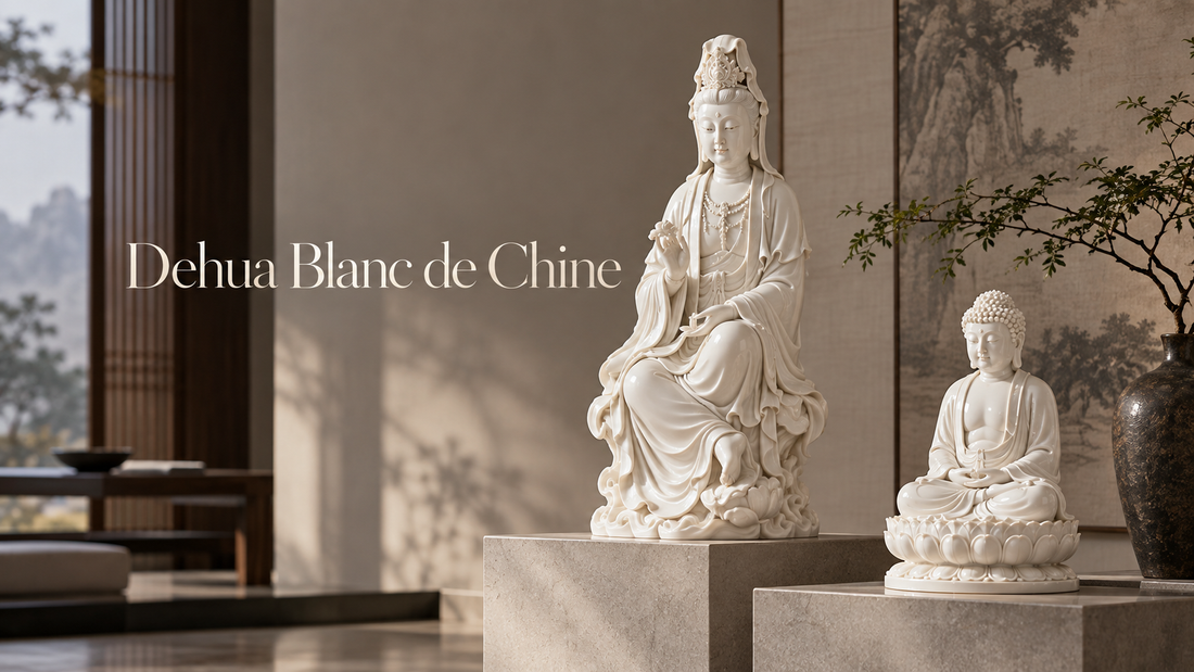 Dehua Blanc de Chine Guanyin and Buddha porcelain sculptures in a modern Chinese interior
