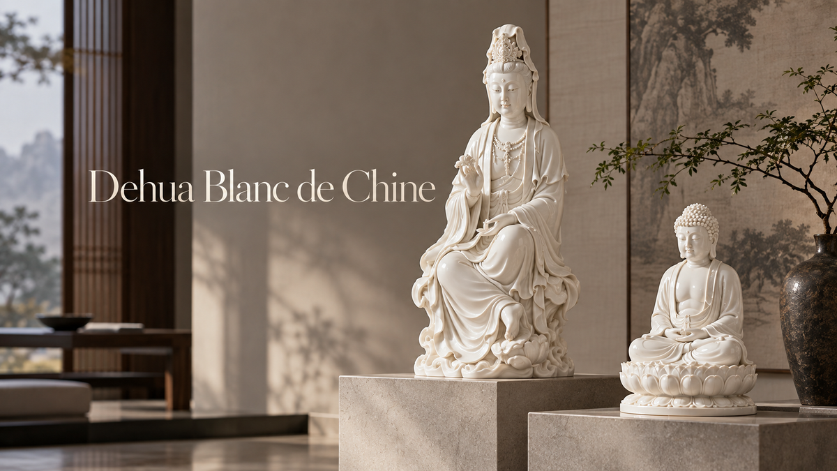 Dehua Blanc de Chine Guanyin and Buddha porcelain sculptures in a modern Chinese interior