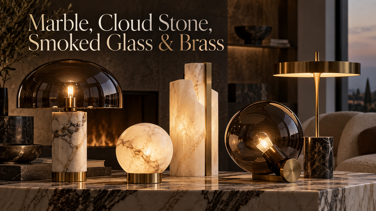 Designer lighting materials including marble, cloud stone, smoked glass and brass