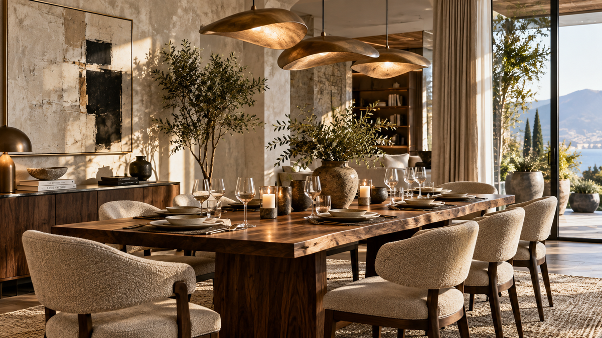 Luxury dining room with sculptural pendant lights and walnut table