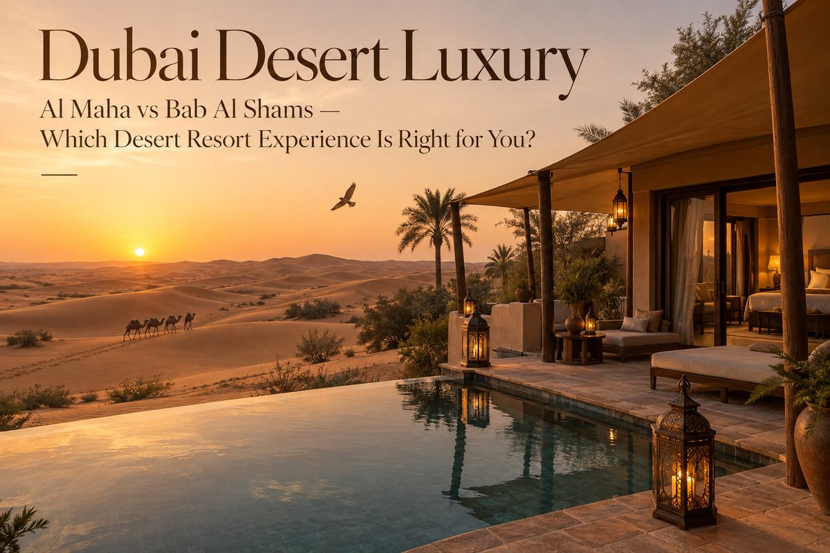 Dubai desert luxury resort at sunset with dunes, pool, camel caravan and falcon