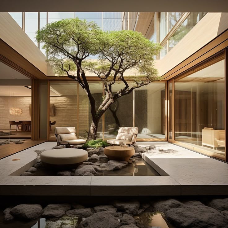 THE LUXE JOURNAL editorial cover for a luxury indoor courtyard with a full-size tree and modern seating