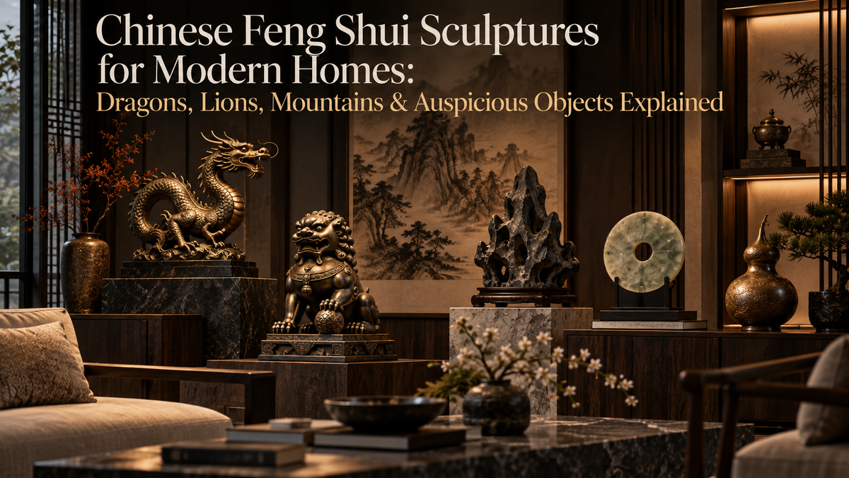 Chinese Feng Shui sculptures including dragon, guardian lion, mountain stone and auspicious decor in a modern home