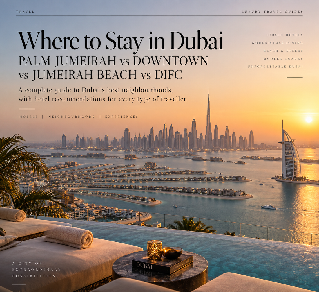 Luxury Dubai skyline and Palm Jumeirah travel itinerary cover at golden hour